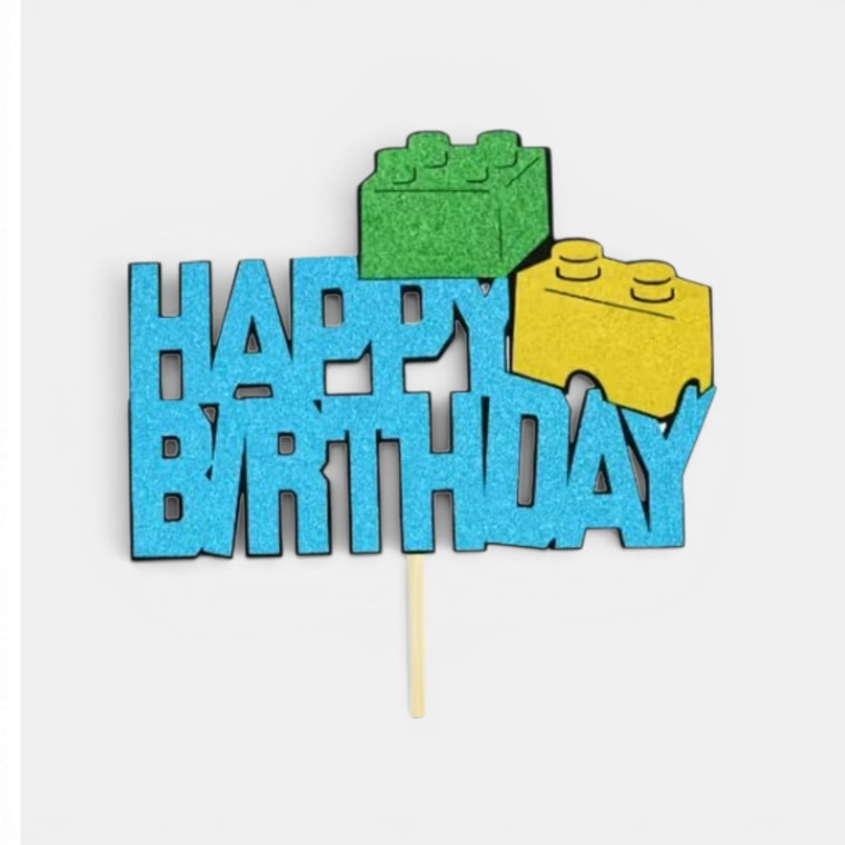 Lego Happy Birthday cake topper featuring colourful building block bricks and birthday message