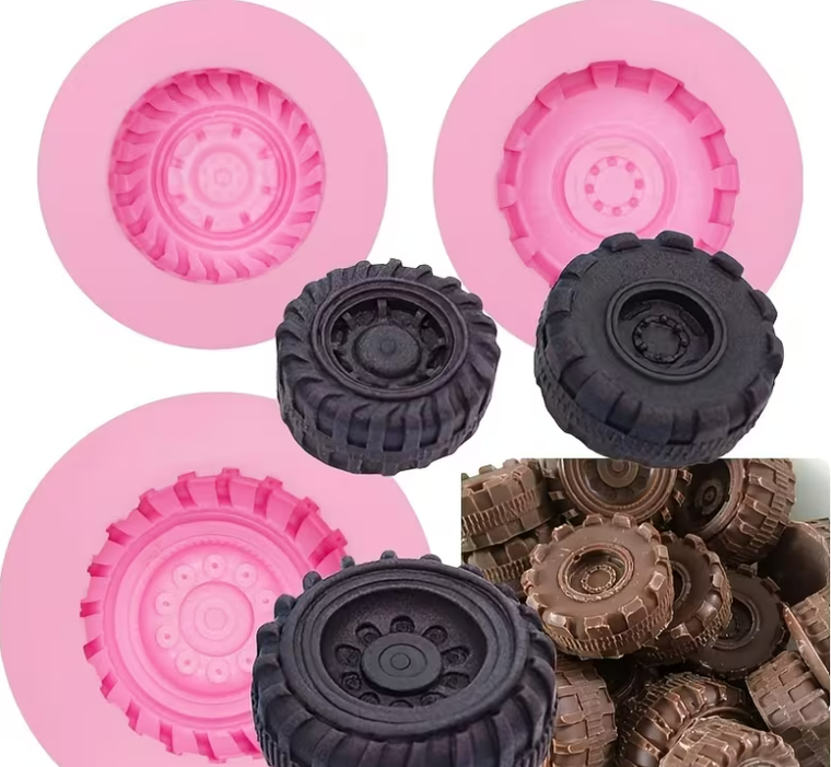 Tyre silicone mould with three realistic wheel tread designs for fondant, chocolate and construction themed cake decorations
