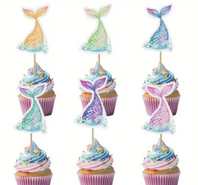Pack of 12 pastel mermaid tail cupcake toppers in assorted colours for mermaid themed birthday parties and ocean celebrations