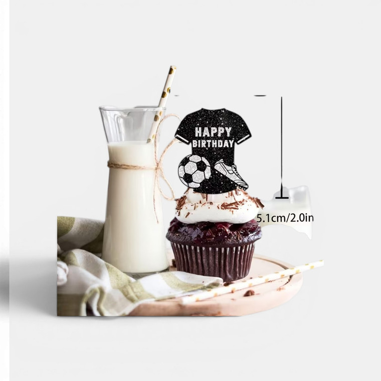 Pack of 12 soccer jersey cupcake toppers featuring football shirt, soccer ball and boot design with Happy Birthday wording