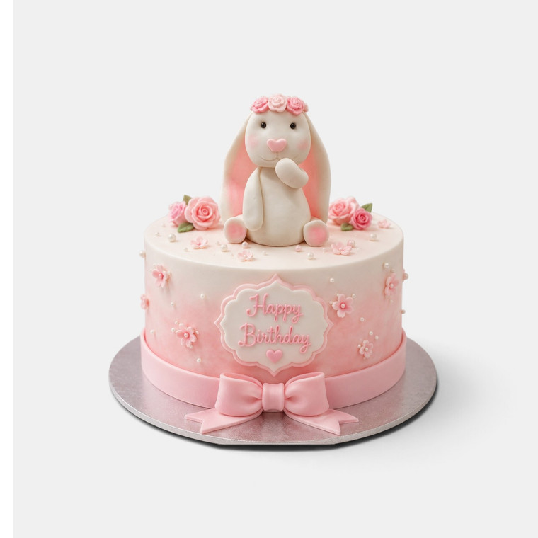 Pink bunny custom birthday cake with handmade bunny topper, pink flowers, pearls and bow by The Cake Mixer.