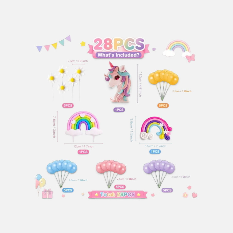 Unicorn Rainbow Cake Topper Set 28 piece with unicorn, rainbows, flowers and colourful balloon cake picks