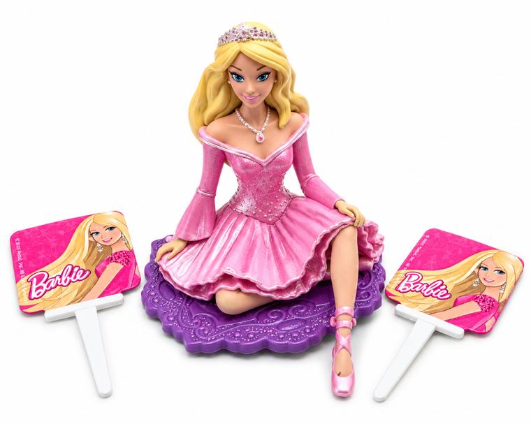Barbie Cake Topper Set with pink dress figurine and two Barbie birthday cake picks
