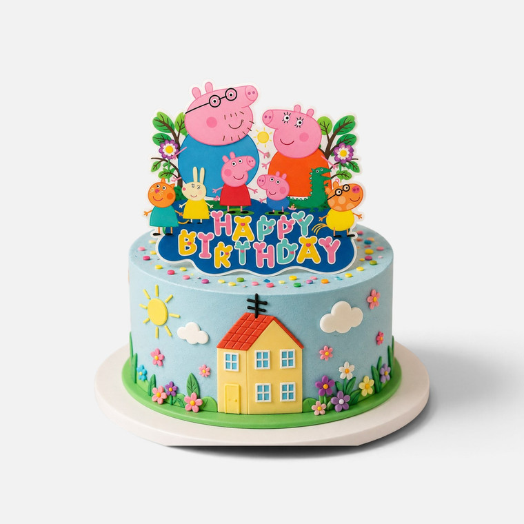 Peppa Pig Birthday Cake with Happy Birthday character topper, house, flowers, clouds and colourful garden decorations