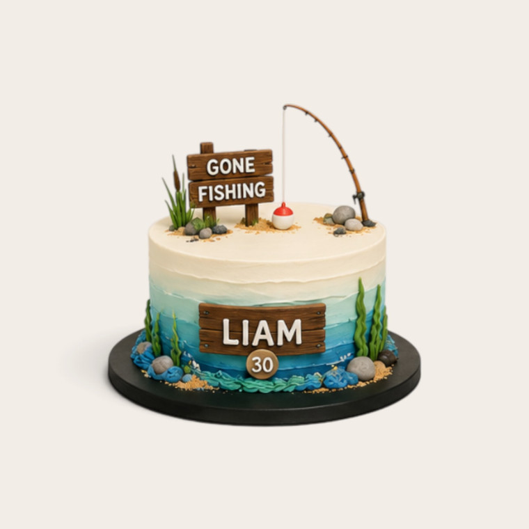 Fishing Birthday Cake with Gone Fishing sign, fishing rod, water effect buttercream and personalised wooden name and age plaque