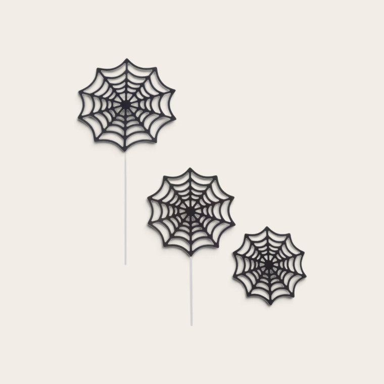 Black Spider Web Cake Decorations set of three different sized Halloween spider web cake toppers