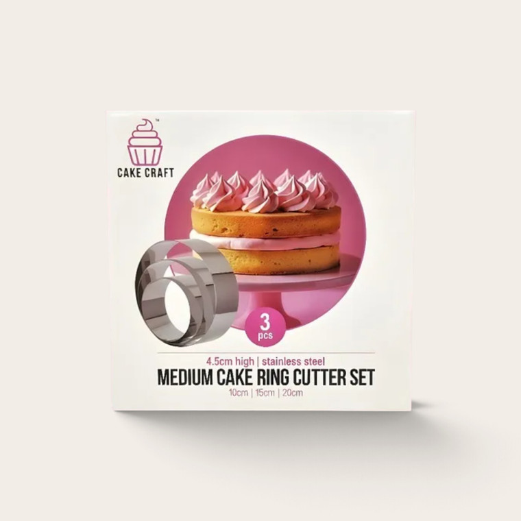 Cake Craft Medium Cake Ring Cutter Set with 10cm, 15cm and 20cm stainless steel round rings, 4.5cm high