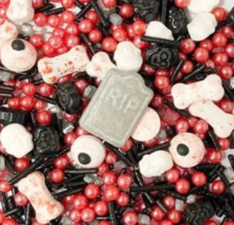 Arcoiris Graveyard Halloween Sprinkle Medley 80g with RIP tombstones, bones, eyeballs and red black and white sprinkles
