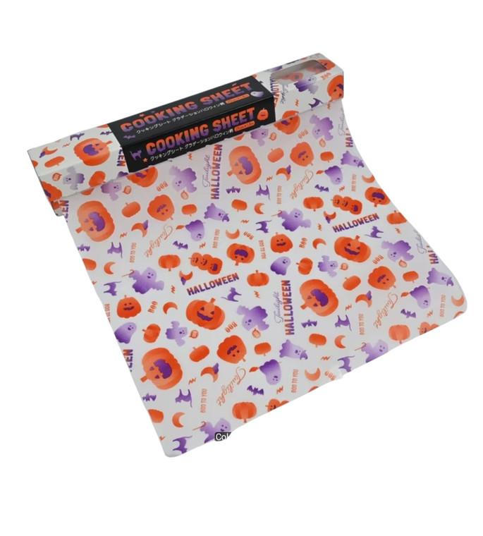 Halloween baking paper cooking sheet roll with orange pumpkins, purple ghosts, bats and spooky Halloween designs