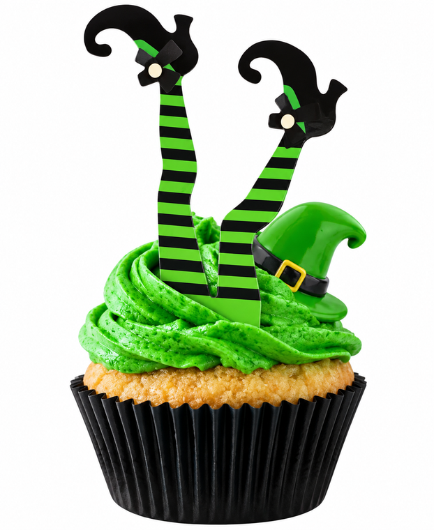 Witch Legs Halloween Cupcake Toppers 12 Pack with assorted colourful striped stockings, black witch boots and bows