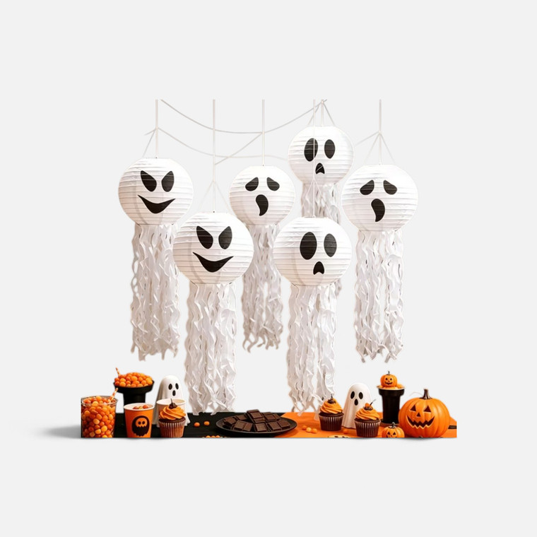Hanging Ghost Halloween Decoration with 20cm white head, black face and long white streamers – face supplied at random