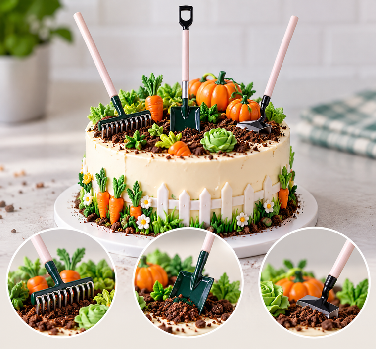Mini Garden Tool Cake Decorations Set with miniature rake, shovel and hoe for gardening themed cakes