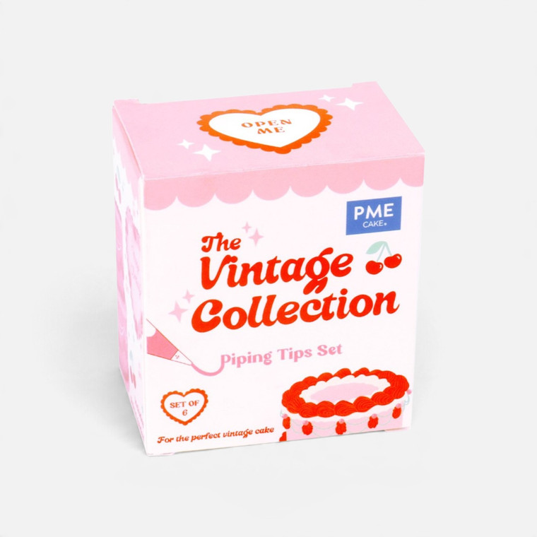 PME Vintage Collection Piping Tips Set featuring six metal cake decorating nozzles for shells, frills, flowers, loops and writing.