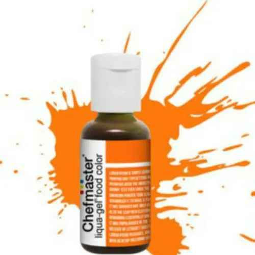 Chefmaster Neon Brite Orange Liqua-Gel 20g bottle – bright orange food colouring for cakes.