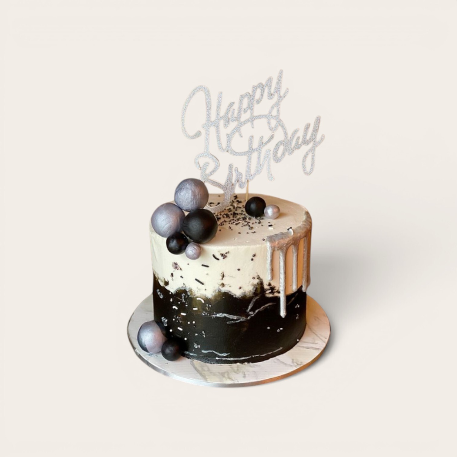 40th birthday white black silver cake.jpg