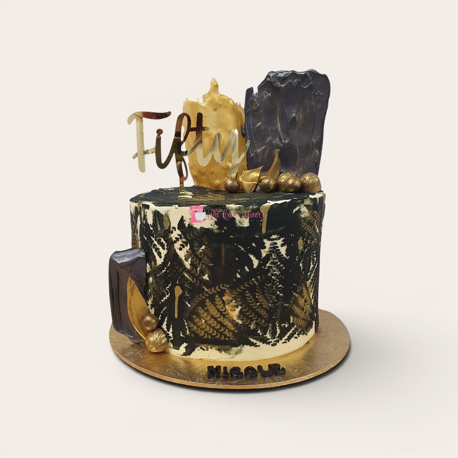 50th black gold stencil buttercream cake.jpg