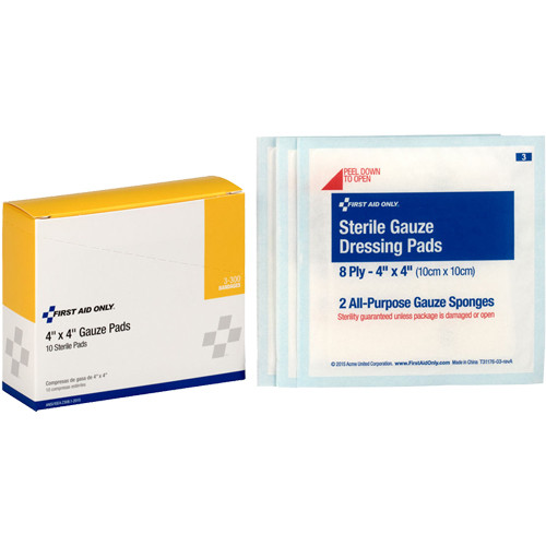 First Aid Only 3-300 4"X4" Sterile Gauze Pads, 10/bx