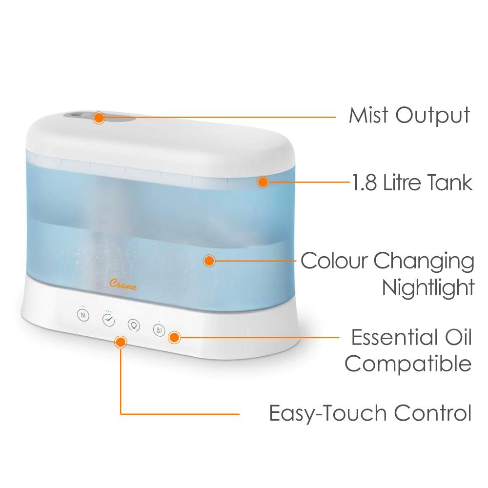 Crane Cool Mist Top Fill Humidifier and Aroma Diffuser 1.8L