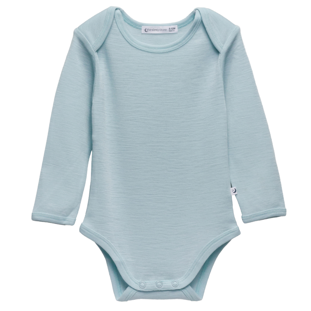 Soft sky coloured NZ merino wool long sleeve bodysuit