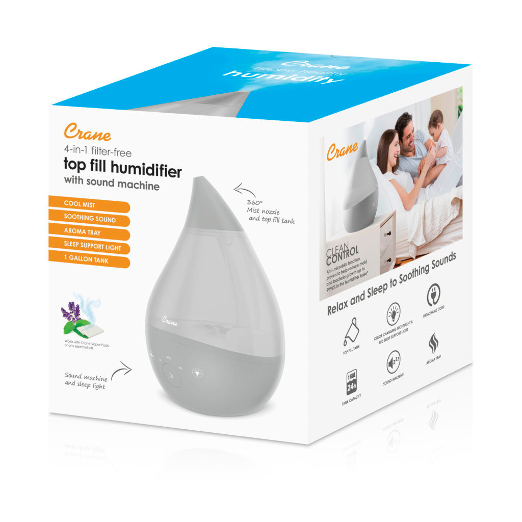 Crane 4-in-1 Filter Free Top Fill Drop Cool Mist Humidifier w/ Sound Machine, Night Light and Vapour Pad Tray
