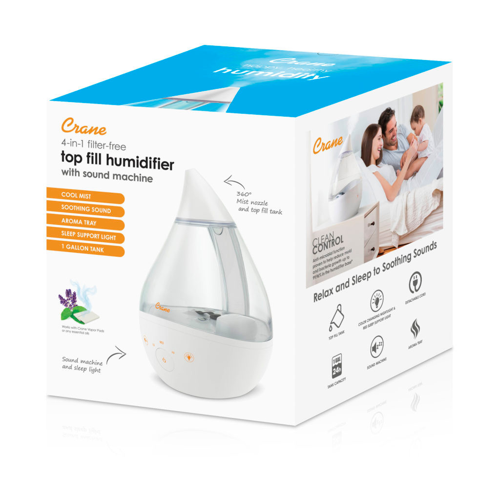 Crane 4-in-1 Filter Free Top Fill Drop Cool Mist Humidifier w/ Sound Machine, Night Light and Vapour Pad Tray
