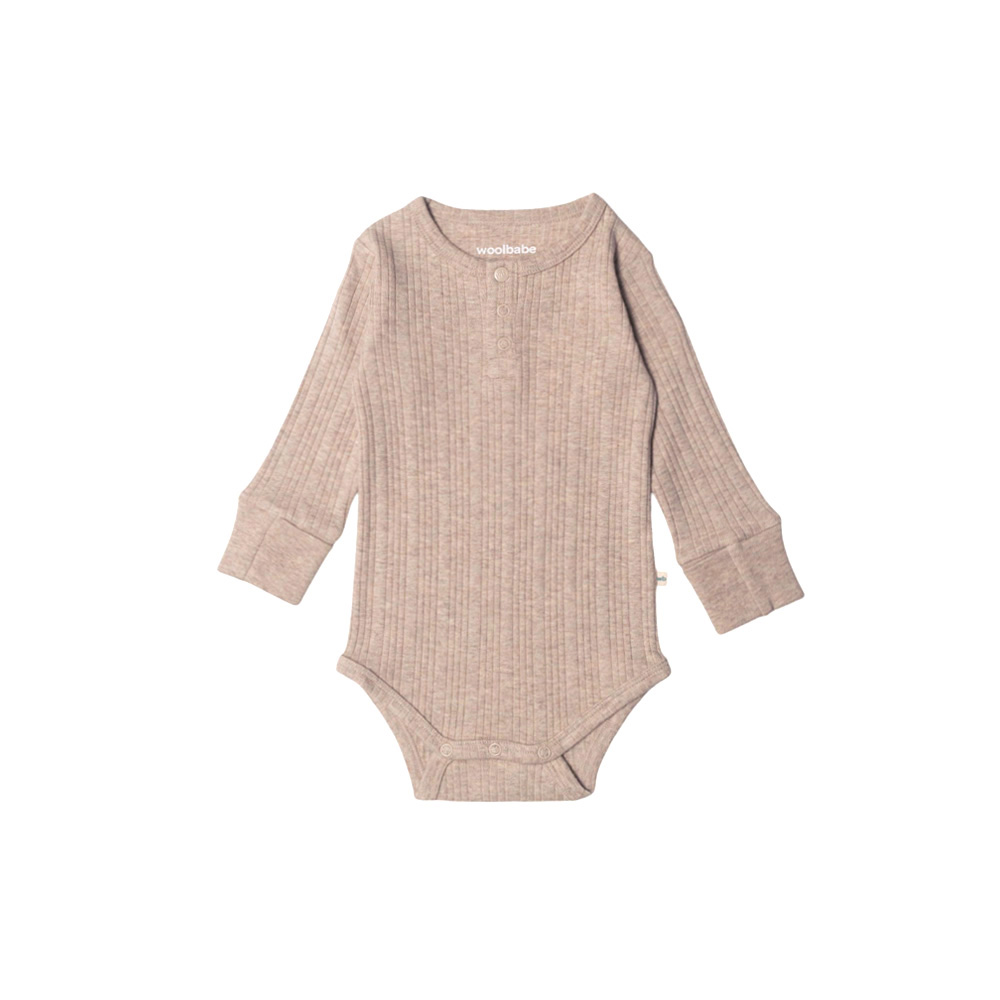 Woolbabe Merino/Organic Cotton Long Sleeve Henley Bodysuit Dune Marl