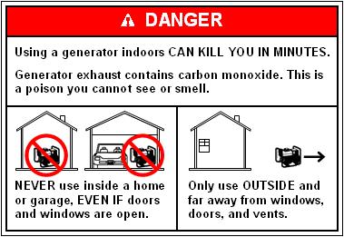 A generator warning label indicating that using a generator indoors can kill you in minutes and that generators should only be used outside and far away from windows, doors and vents.