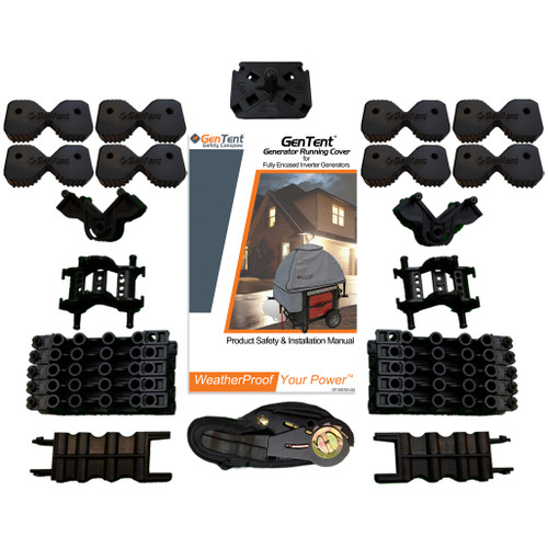 The Inverter mounting hardware kit for GenTent Safety Canopies attaches to fully encased inverter generators with with a case perimiter between 45" (114cm) and 120" (305cm). Using a Kevlar Ratchet strap to securely fasten to case, this strap mount system allows for the GenTent Safety Canopy to self attach without vertical frame posts, keeping your inverter generator portable!