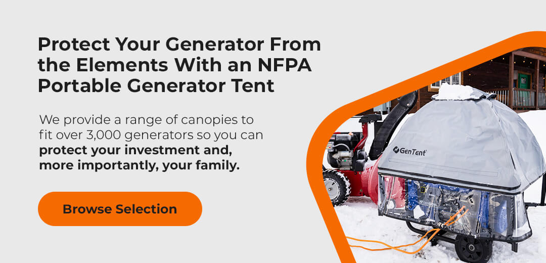 Graphic for GenTent stating that GenTent generator safey covers can help protect your NFPA portable generator from the elements and that the tents can fit up to 3,000 different generator models