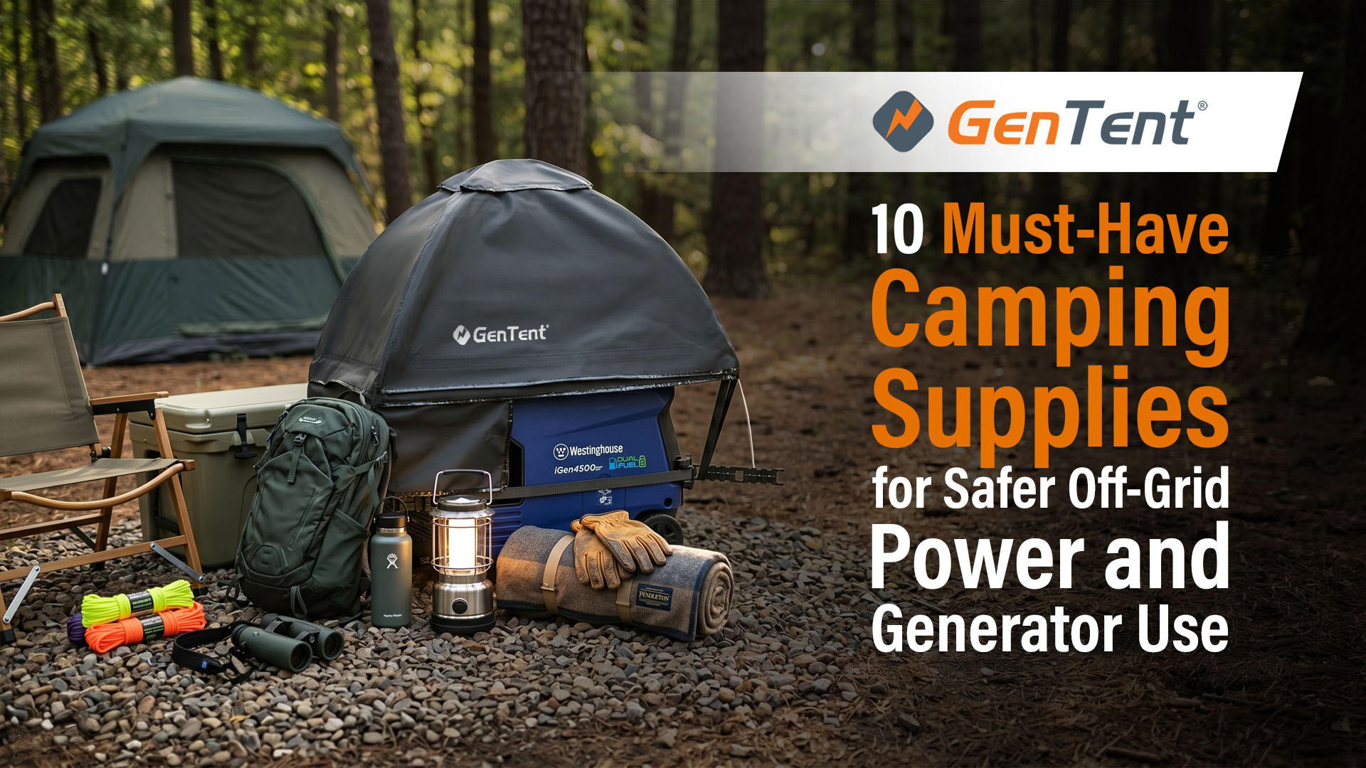 A GenTent branded graphic featuring a campsite scene. In the foreground, a Westinghouse iGen4500 portable inveter generator is equipped with a standard black GenTent inverter kit running cover. Surrounding the generator are various outdoor and camping supplies, including a vintage-style lantern, a leather backpack, a rolled blanket, a cooler, work gloves, a water bottle, and coils of rope. The text on the right side of the image reads 10 Must-Have Camping Supplies for Safer Off-Grid Power and Generator Use.