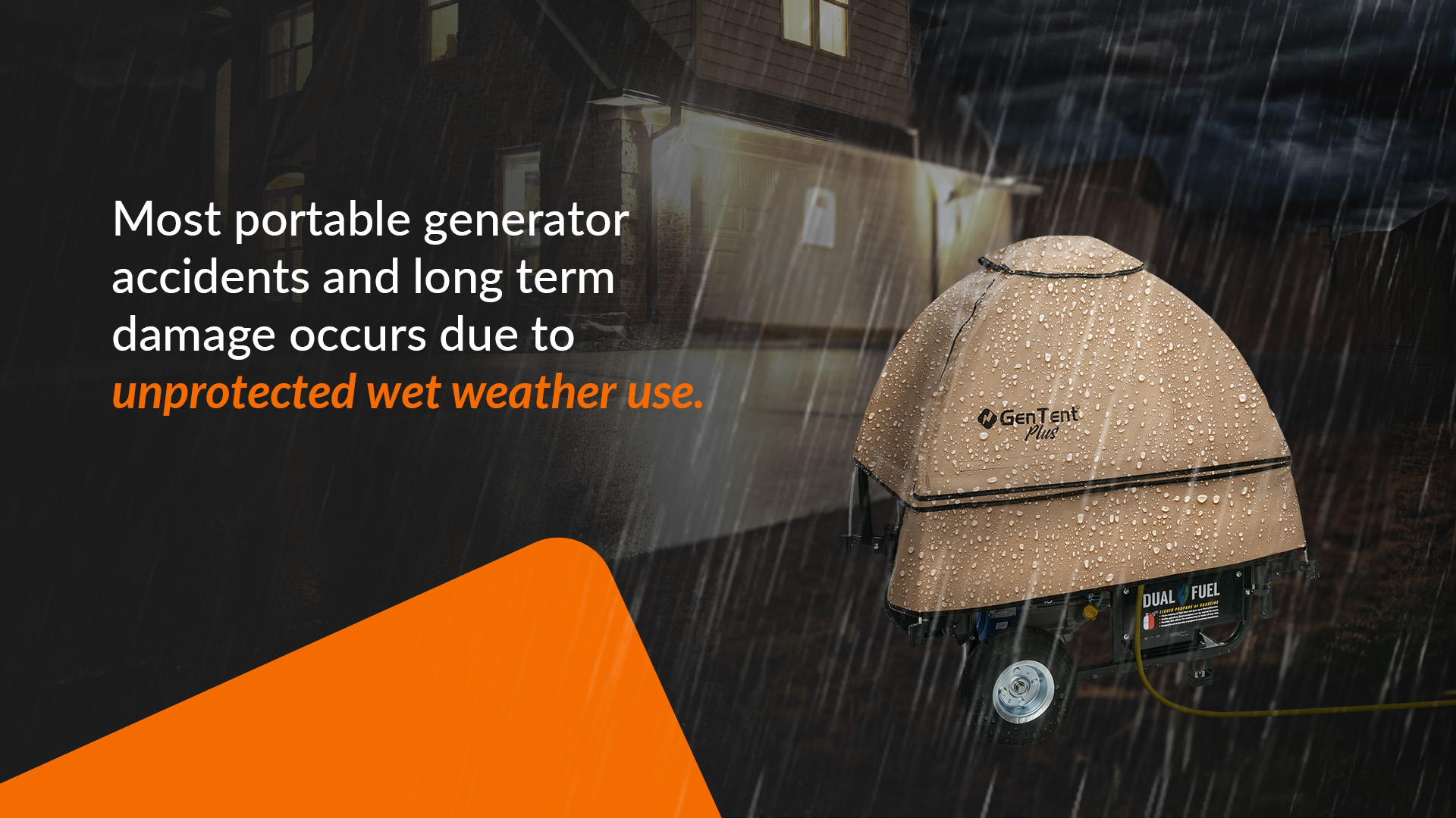 A generator in the rain protected by GenTent. Text reads: Most portable generator accidents and long term damage occurs due to unprotected wet weather use.