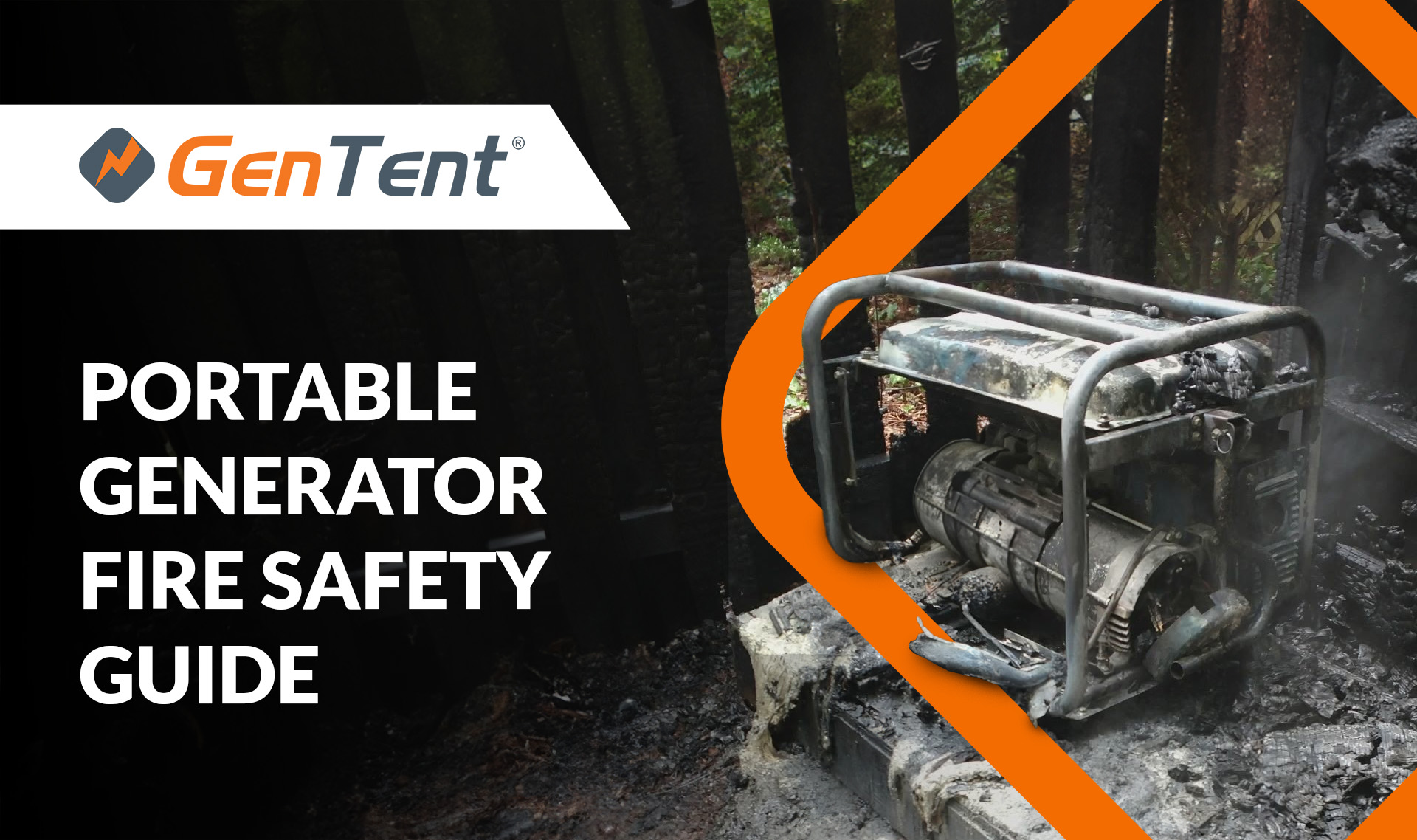 A severely fire damaged generator with the title GenTent Portable Generator Fire Safety Guide