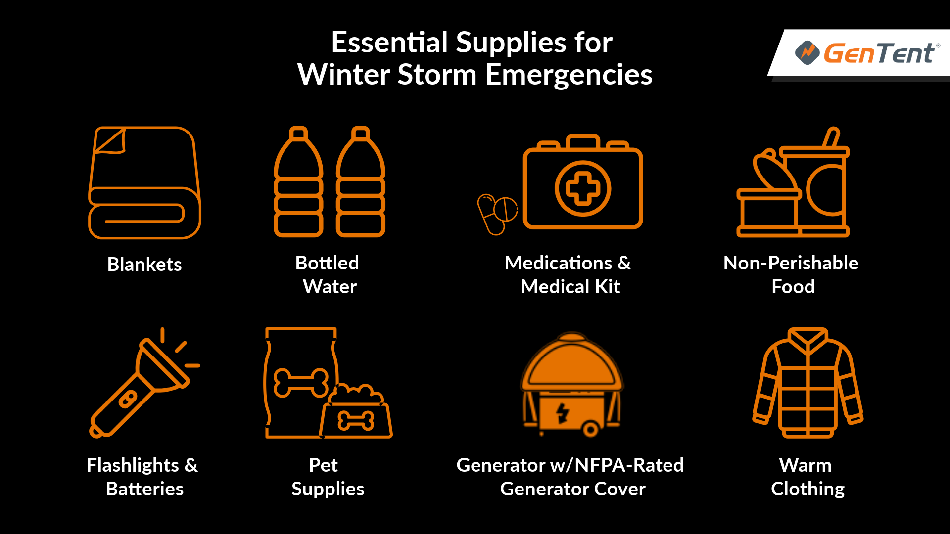 List of essential supplies needed for winter storm emergencies listed in a graphical style - GenTent Safety Canopies