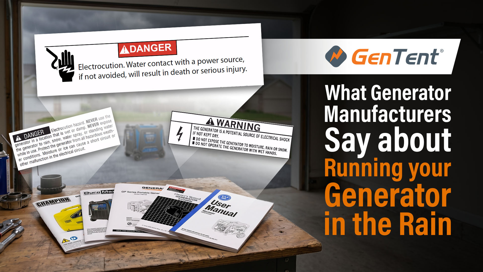 A GenTent branded graphic titled What Generator Manufacturers Say About Running Your Generator in the Rain, featuring the GenTent logo. The image shows several generator owner manuals from brands like Champion, DuroMax, and Honda laid out on a wooden workbench. Graphic callouts from the manuals highlight safety labels warning against electrocution and operating generators in wet, damp, or rainy conditions. In the blurred background, a generator sits outside an open garage door.