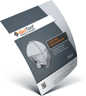 GenTent portable generator running cover weather and material testing analysis for rain, wind, snow, heat, cold, airflow, exhaust clearance, and generator operation