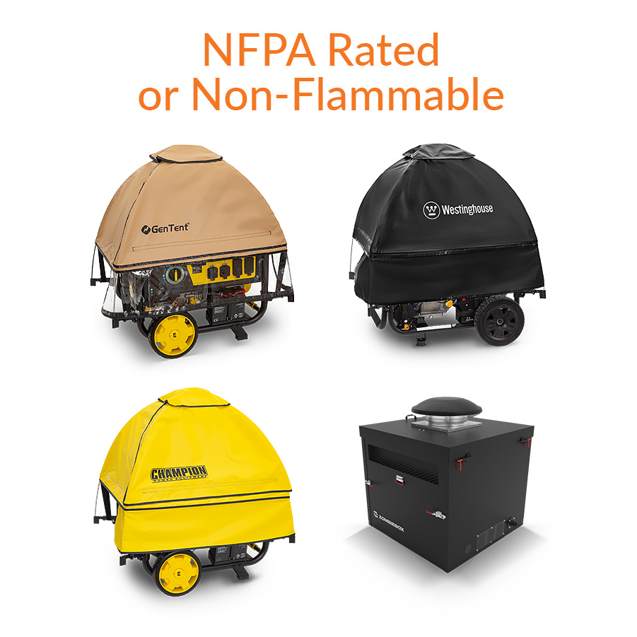 NFPA Rated Generator Tents, including GenTent, branded solutions by Westinghouse, Champion and Zombiebox.