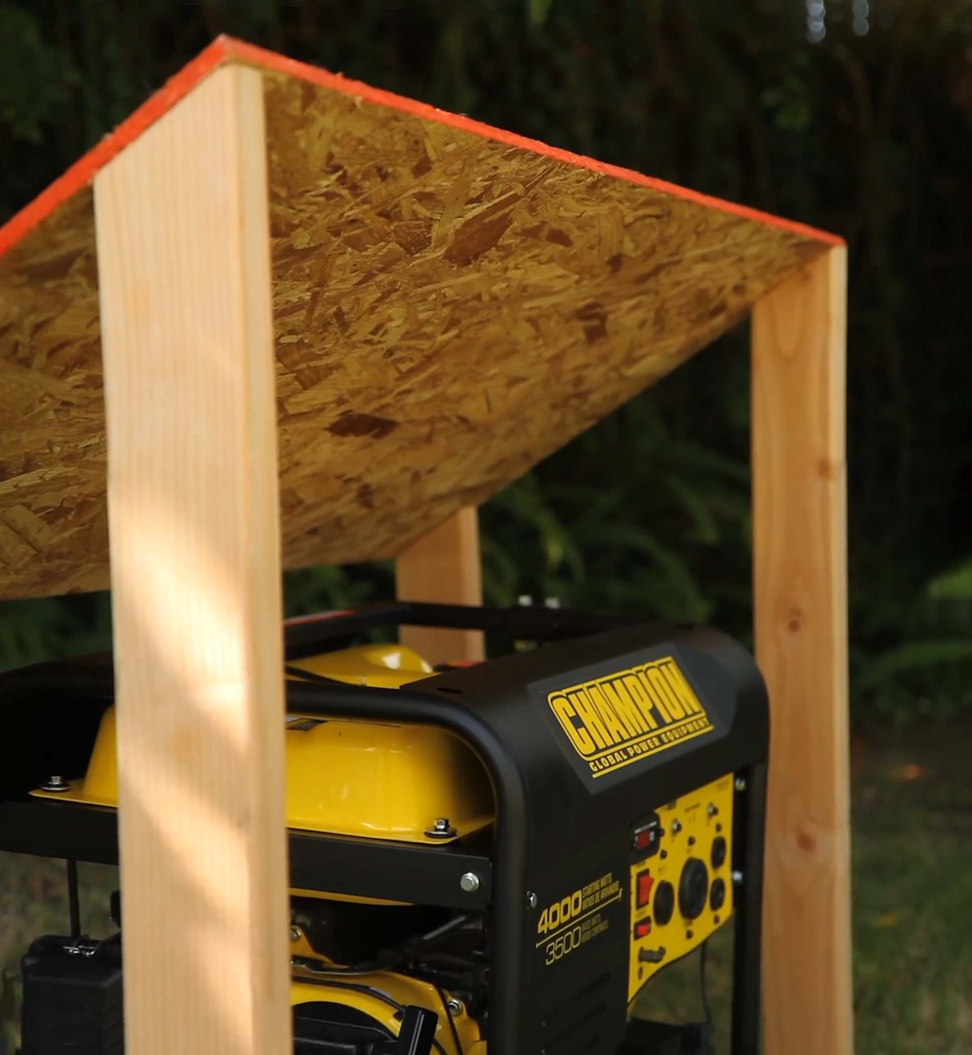 A generator with a DIY enclosure made of flammable lumber and plywood