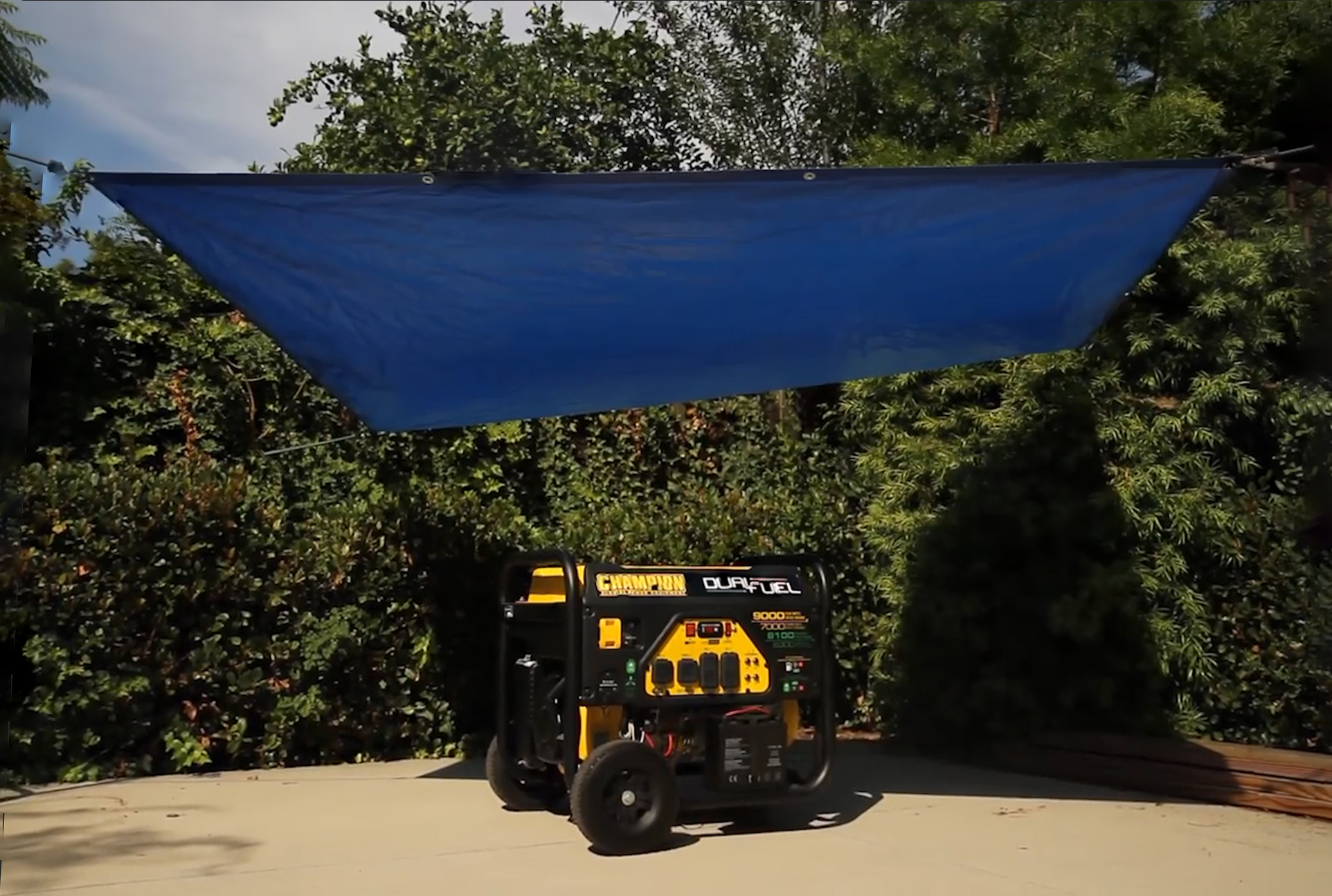 A generator with a tarp suspended overhead