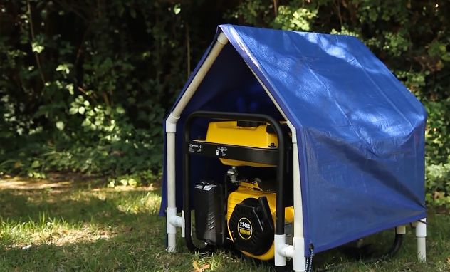 A generator with a makeshift DIY enclosure made of tarpaulin and PVC