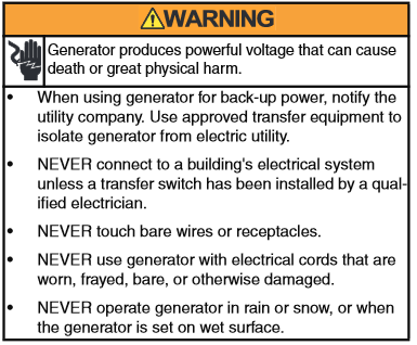 A generator warning label indicating that generators should never be operated in rain, snow, or when the generator is set on a wet surface.