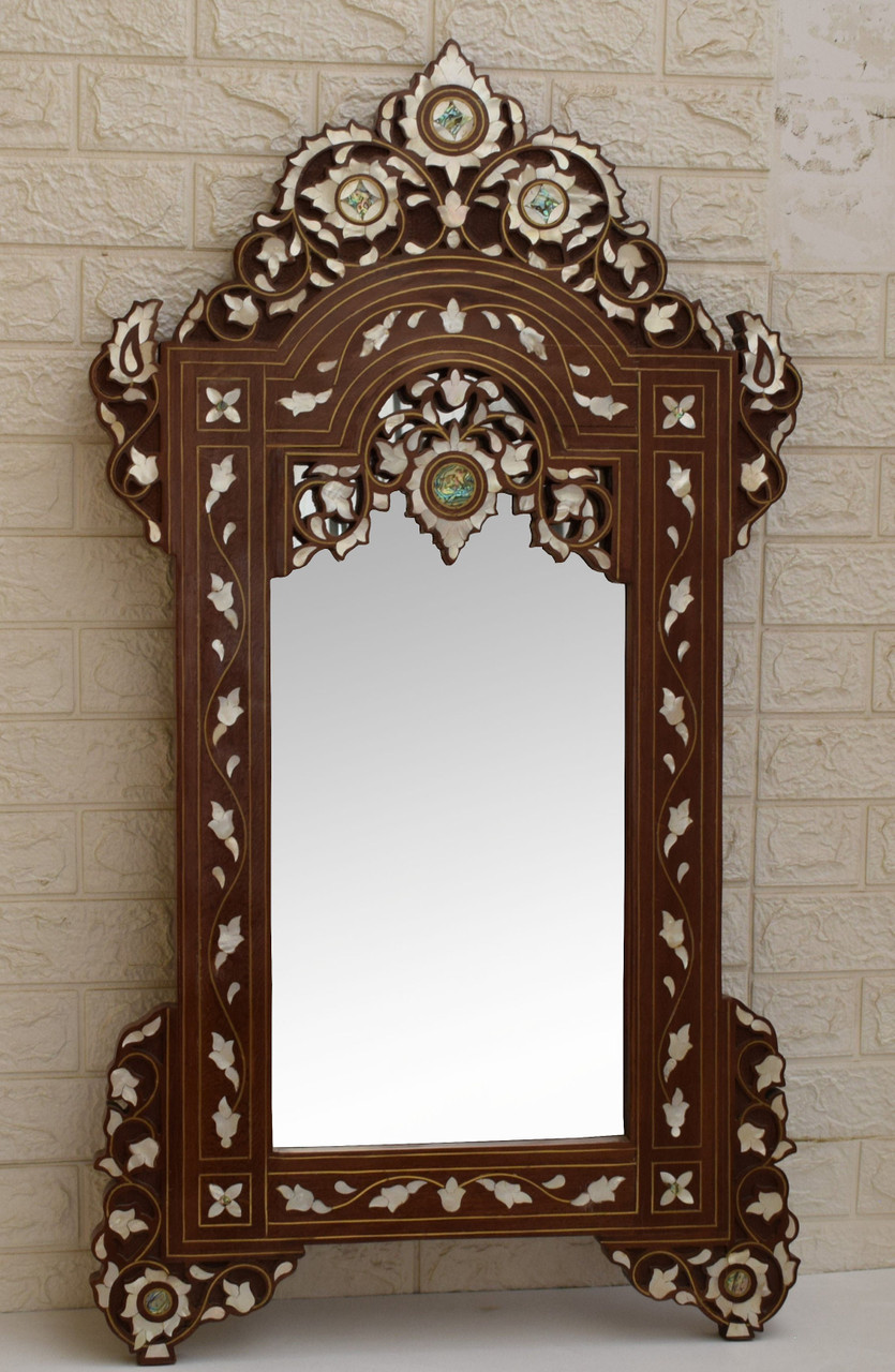 Moroccan Handcrafted Mother of pearl Inlay Wood Wall Mirror Frame