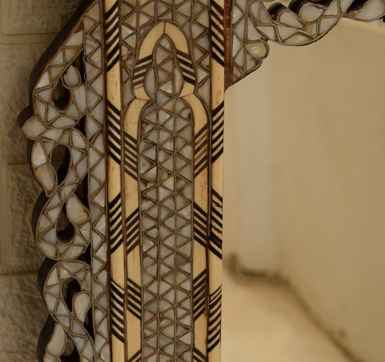 Vintage Handmade 39" Syrian Mirror Frame, Mother of Pearl Inlaid Wood