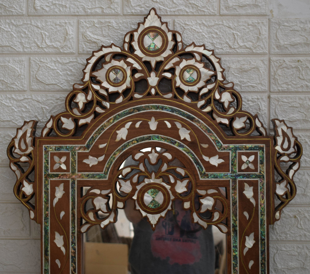 Moroccan Handmade 43" Height Mother of pearl Inlay Wood Wall Mirror