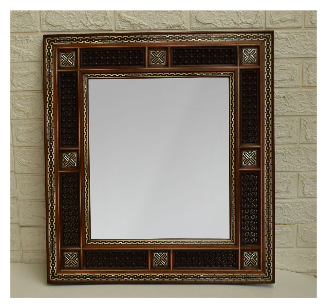 Vintage Landscape Mashrabiya Mirror with Mother of Pearl, 26 x 24 in