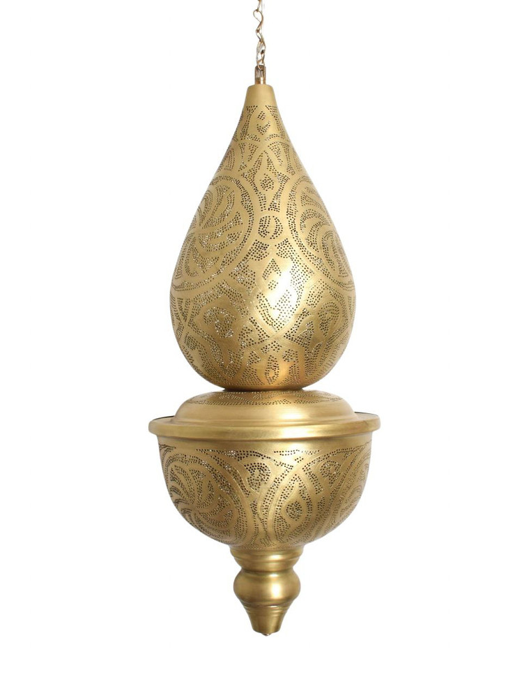 Large Moroccan Brass Pendant Light – Handcrafted lantern-style ceiling fixture perfect for living room or kitchen lighting, featuring intricate pierced brass design.
