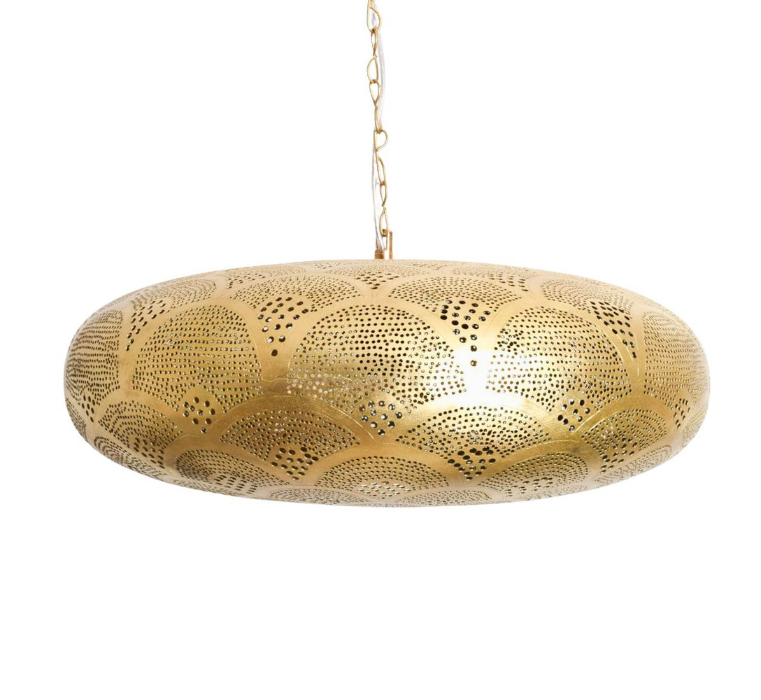 Moroccan Brass Pendant Light for Dining Table – Handcrafted ceiling fixture with detailed pierced design, ideal for kitchens, dining rooms, or living spaces.