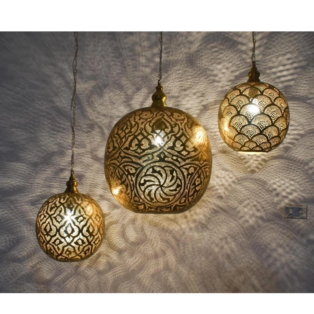 Set of 3 Moroccan brass pendant lights for kitchen island