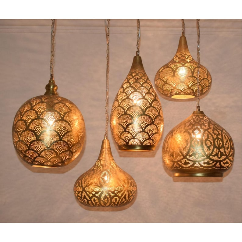 Handmade Moroccan patio chandelier with dome pendants