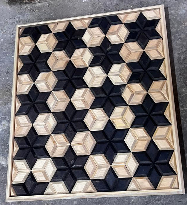 Tumbling-blocks three-dimensional wood mosaic panel in ebonised and natural pine