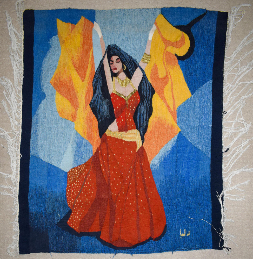 Vintage Handwoven Egyptian Tapestry Wall Hanging 3.4 FT Folk Art Textile Decor